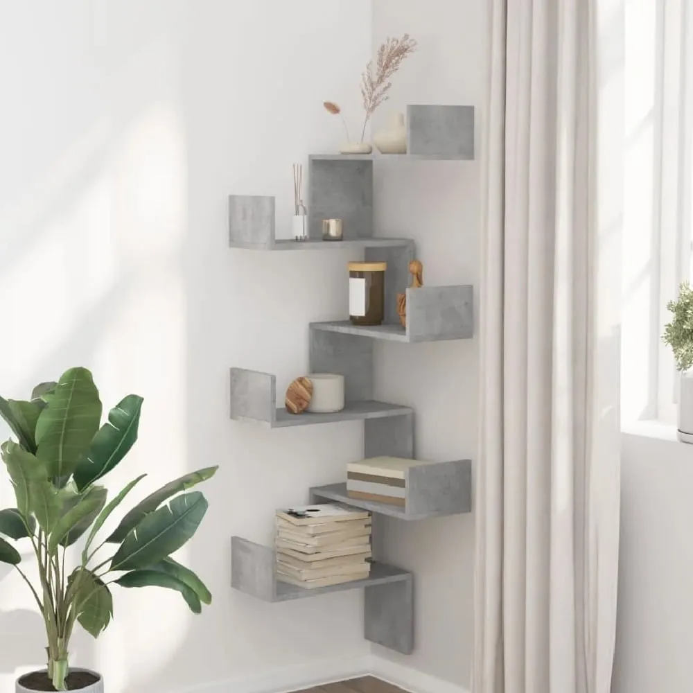 Ruston Corner Wall Shelf with 6 Shelves - Grey, Engineered Wood