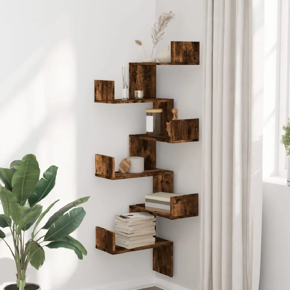 Ruston Corner Wall Shelf with 6 Shelves - Smoked Oak