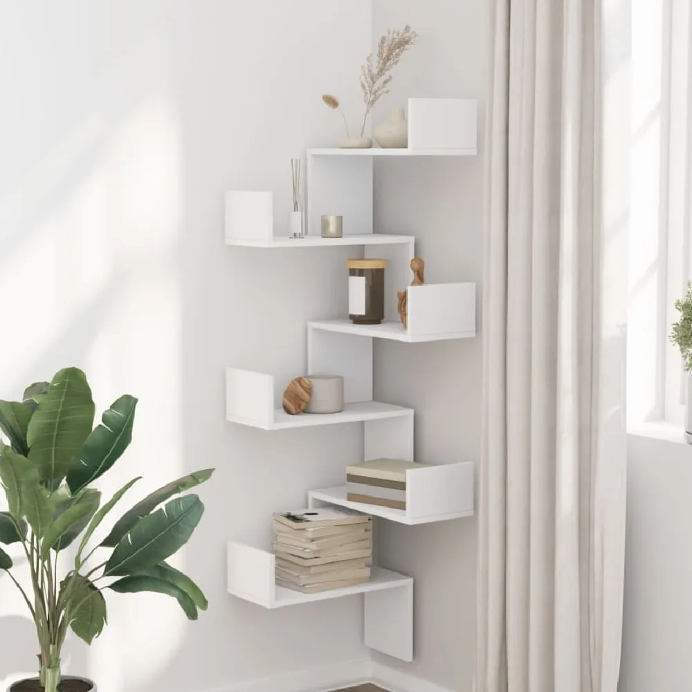 Ruston Corner Wall Shelf with 6 Shelves - White, Engineered Wood