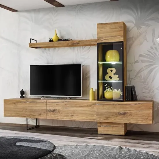 Ryan Entertainment Unit with LED Lights - Flagstaff Oak