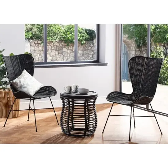 Rybnik Rattan Bistro Set with 2 Puqi Wing Chairs - Black image