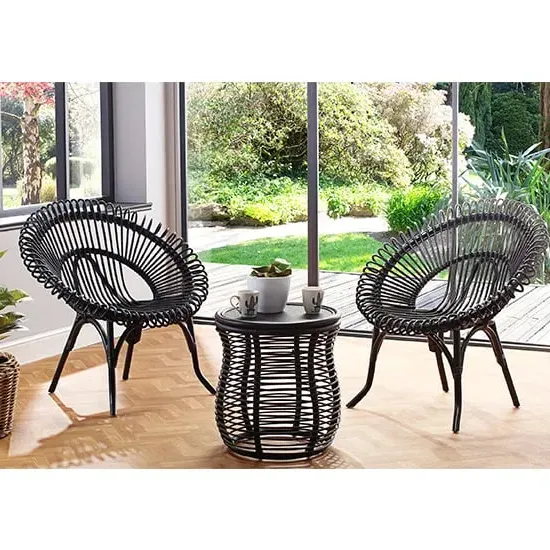 Rybnik Rattan Bistro Set with 2 Suzano Chairs - Black