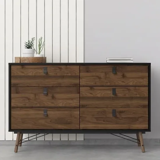 Rynok Wide Chest of Drawers with 6 Drawers - Black, Walnut