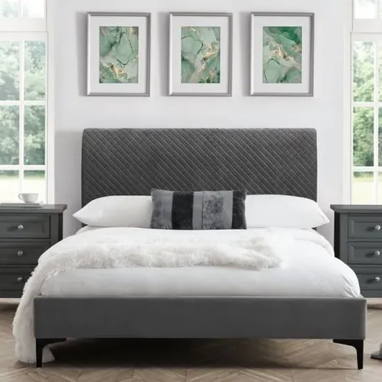 Sabine Quilted Velvet King Size Bed - Grey
