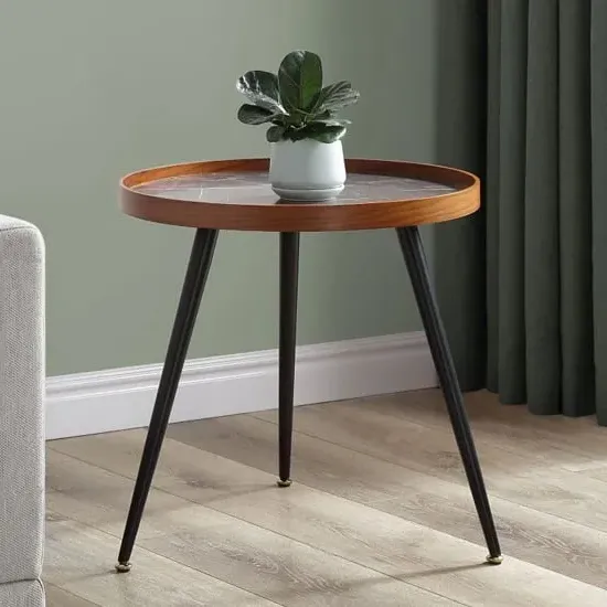 Sabri Round Lamp Table - Black Marble Effect, Wood Veneer image