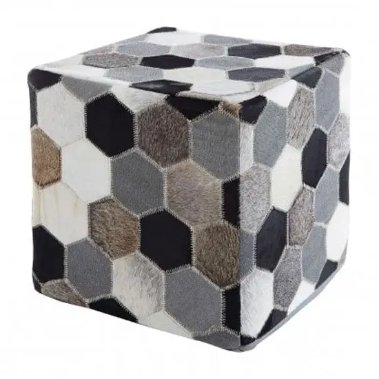 Safire Hexagon Patchwork Pouffe - Black, Leather