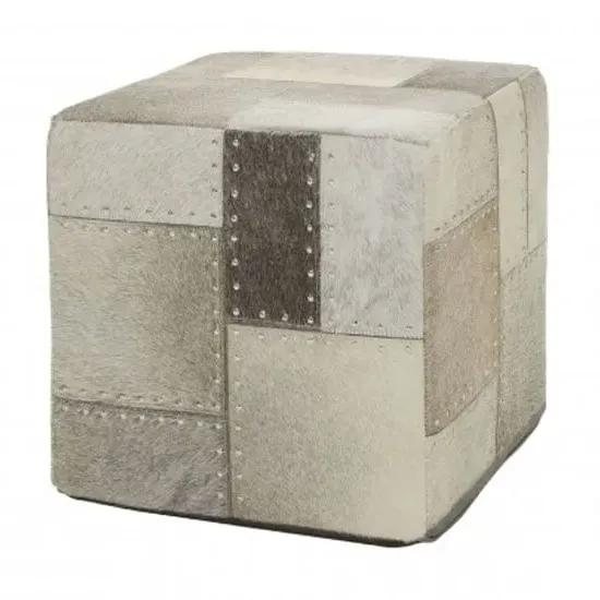 Safire Patchwork Pouffe with Metallic Trim - Grey, Leather