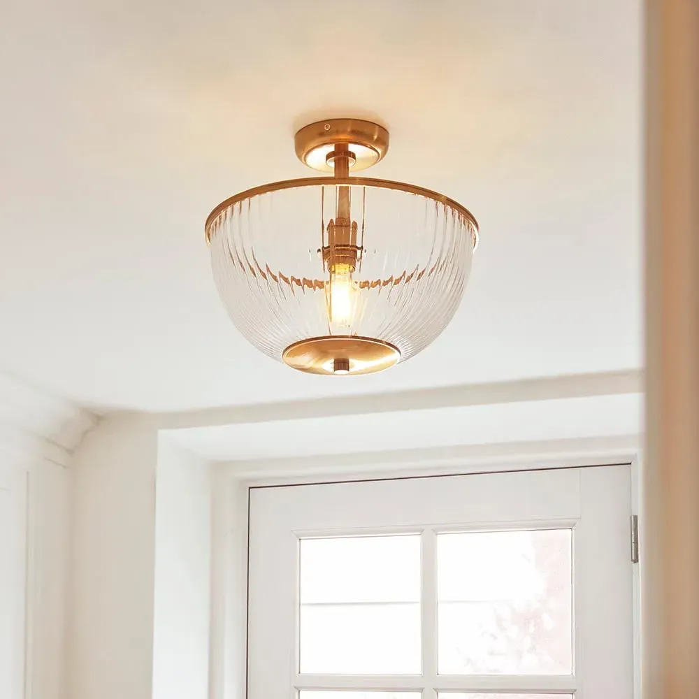 Salem Ribbed Glass Downlighter Flush Ceiling Light - Vintage Brass