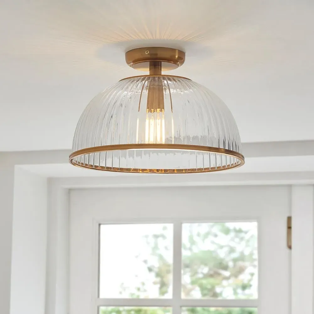 Salem Ribbed Glass Uplighter Flush Ceiling Light - Vintage Brass image