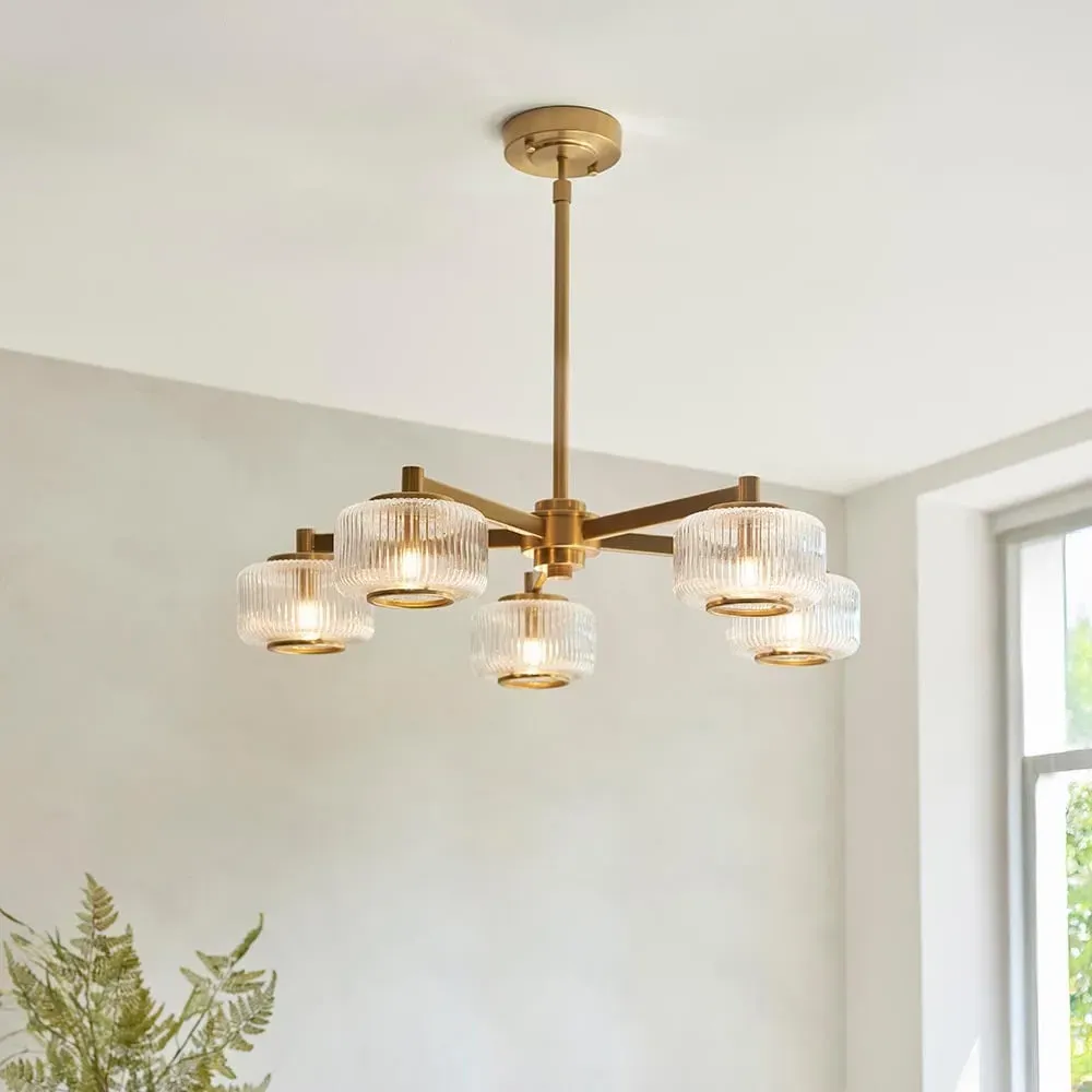 Salinas 5 Light Glass Pendant Ceiling Light - Brushed Aged Brass