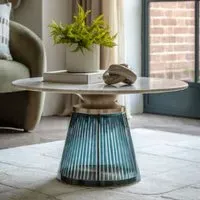 Salinas Round Coffee Table - White Marble, Blue Glass