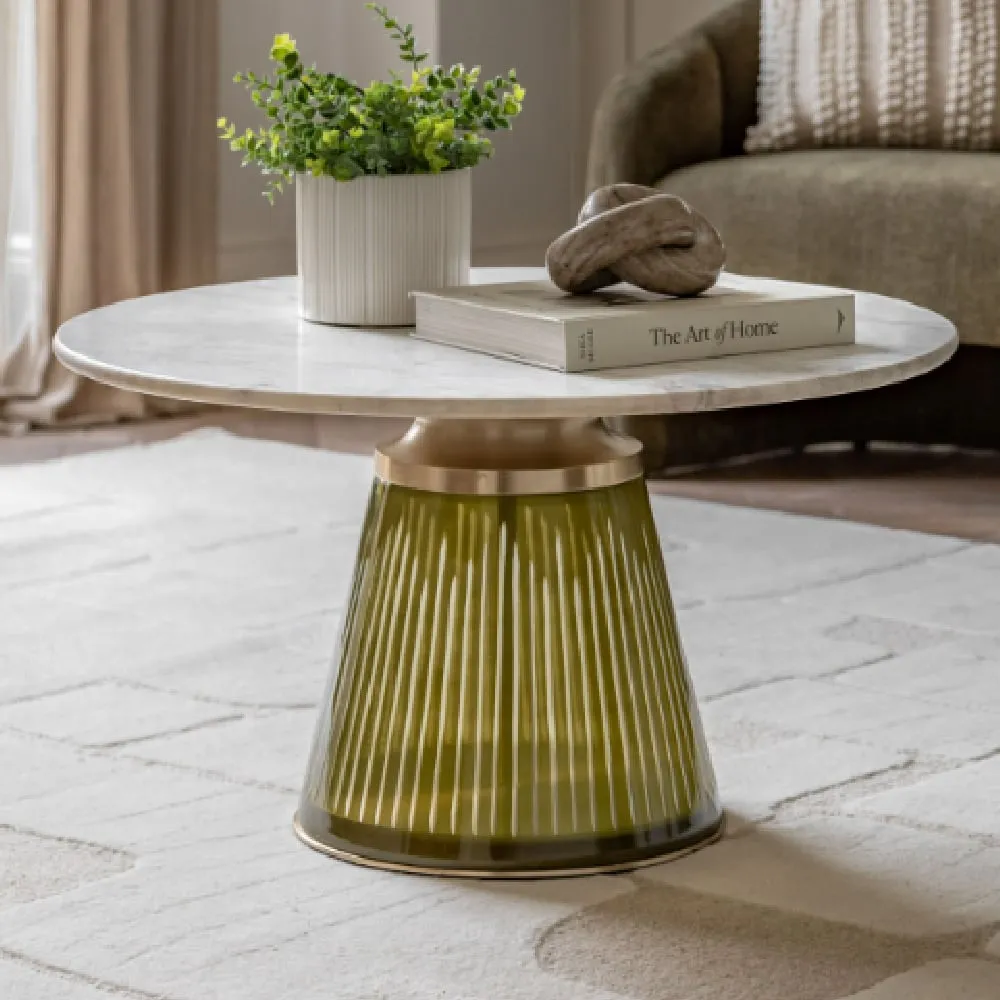 Salinas Round Coffee Table - White Marble, Dusk Glass