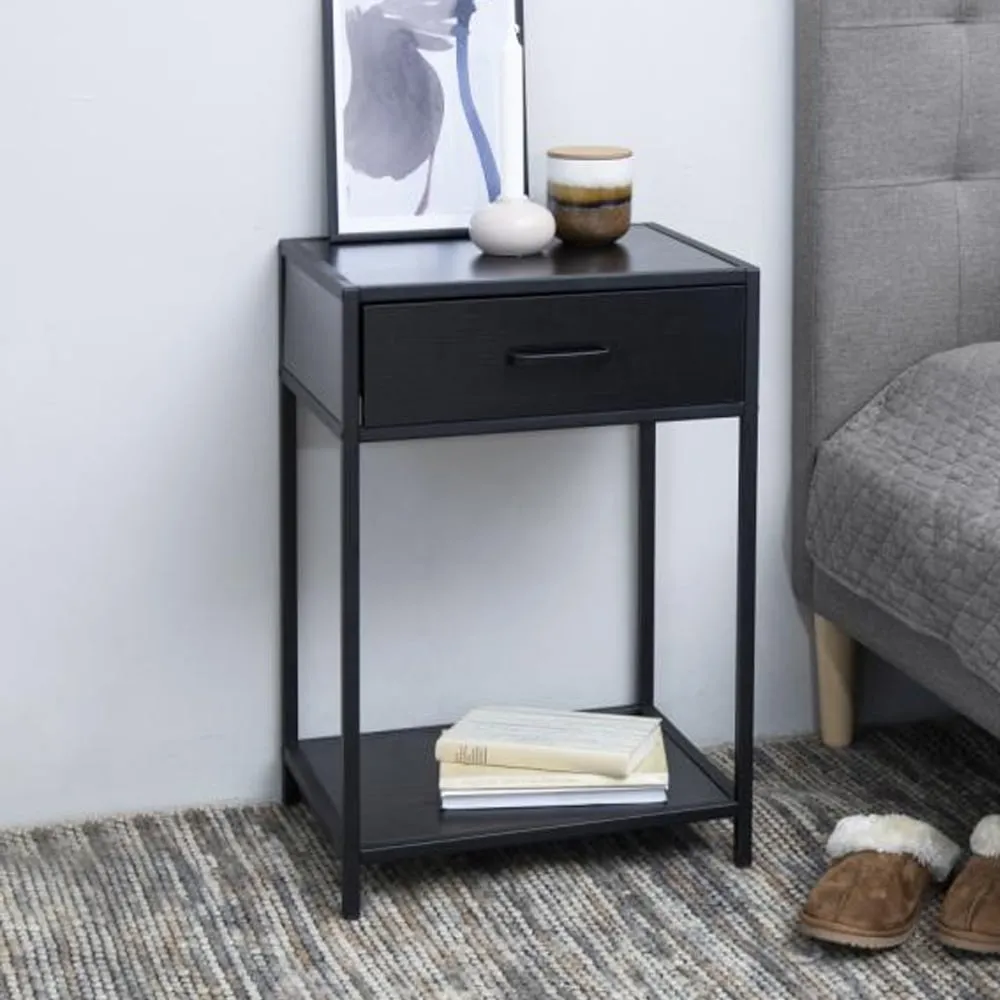 Salvo Bedside Cabinet with 1 Drawer - Ash Black, Wood & Metal product