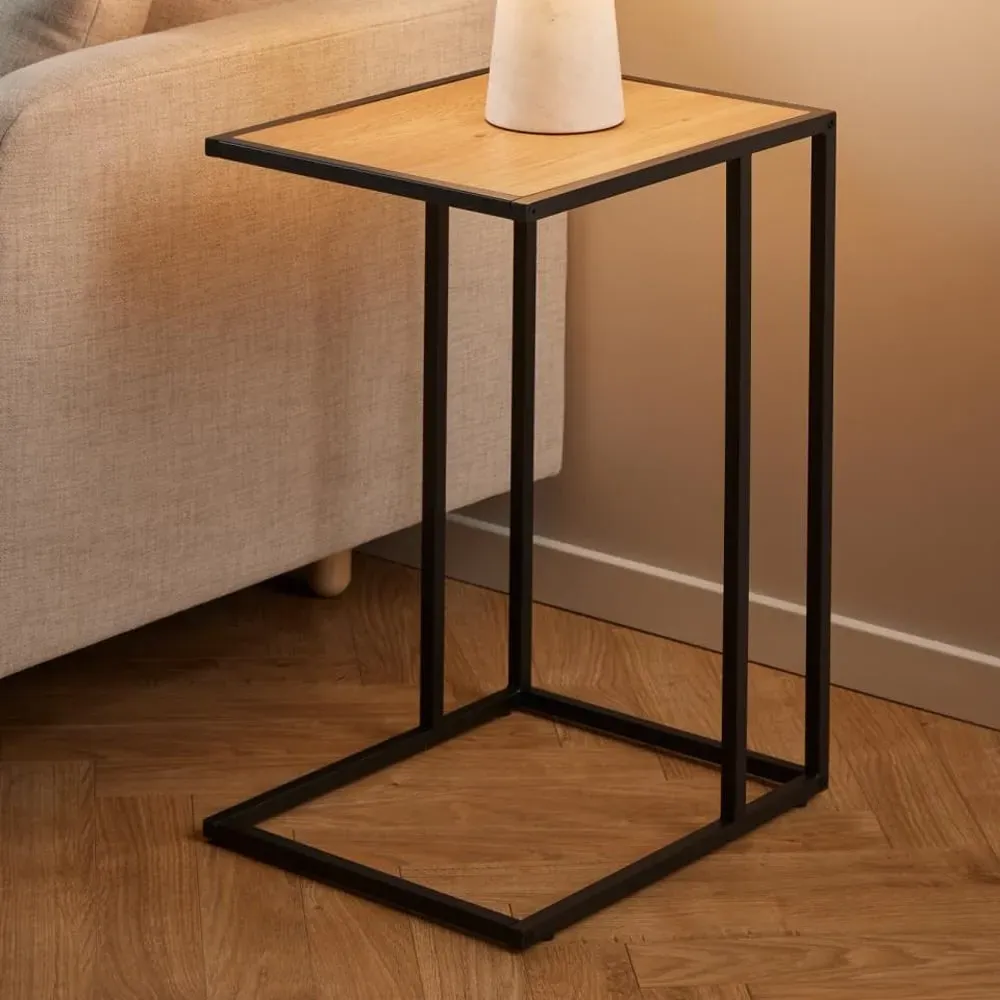 Salvo Side Table with Black Metal Frame - Wild Oak