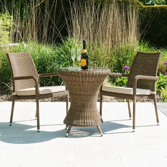 Sanmo Round Bistro Table with 2 Stacking Armchairs - Red Pine