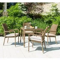 Sanmo Square Dining Table with 4 Stacking Armchairs - Red Pine