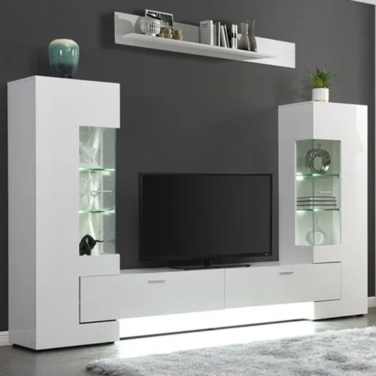 Santiago Entertainment Unit with LED Lights - White, High Gloss image