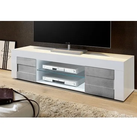 Santino Large TV Stand with 2 Doors - White and Grey, High Gloss