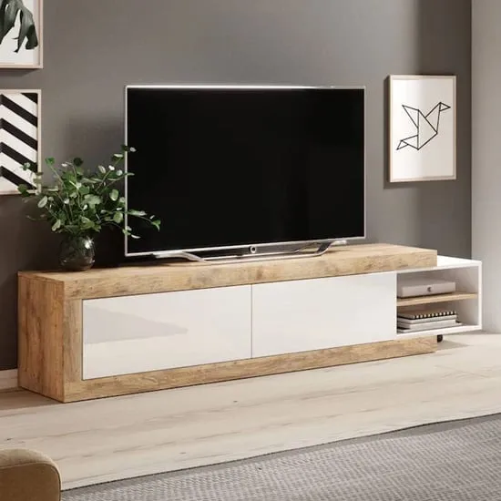Sanur Extendable TV Stand with 2 Doors - White, Sandal Oak
