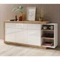 Sanur High Gloss Sideboard 3 Doors 3 Drawers - White, Sandal Oak