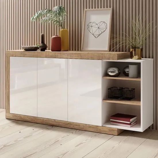 Sanur High Gloss Sideboard 3 Doors - White, Sandal Oak image