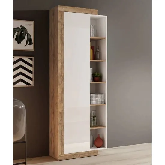 Sanur Tall Storage Cabinet with Doors - White, Sandal Oak