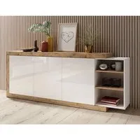 Sanur Wide High Gloss Sideboard 3 Doors - White, Sandal Oak