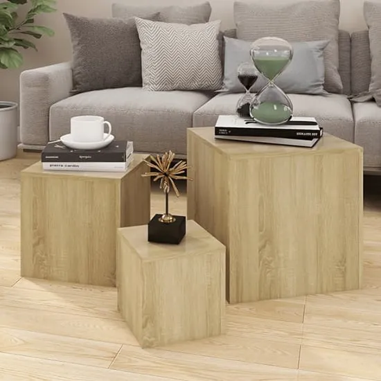 Sarki Set of 3 Cube Side Tables - Sonoma Oak, Chipboard image