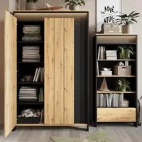 Sarnia 3-Door Wardrobe with LED Lighting - Artisan Oak, Matt Black
