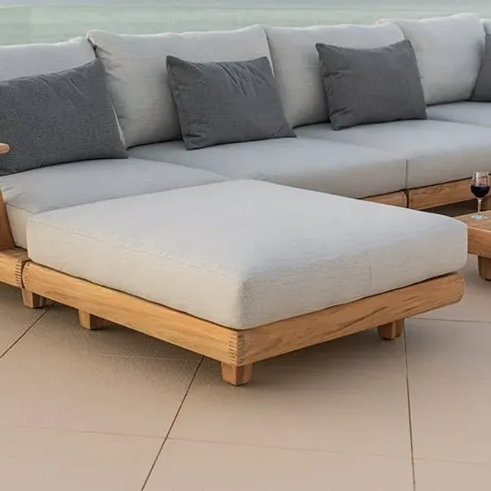 Sauchie Garden Ottoman with Teak Base - Light Grey, Fabric image