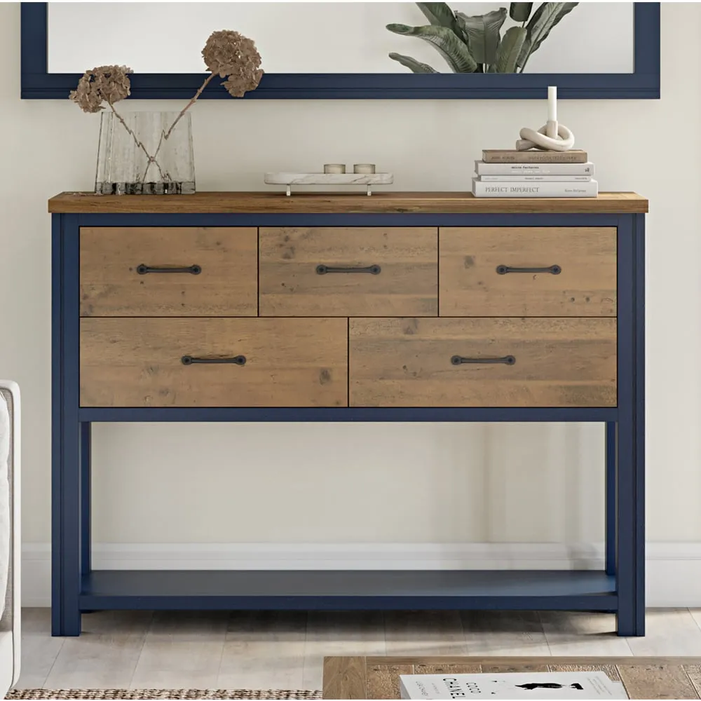 Savona Console Table with 5 Drawers - Blue, Oak