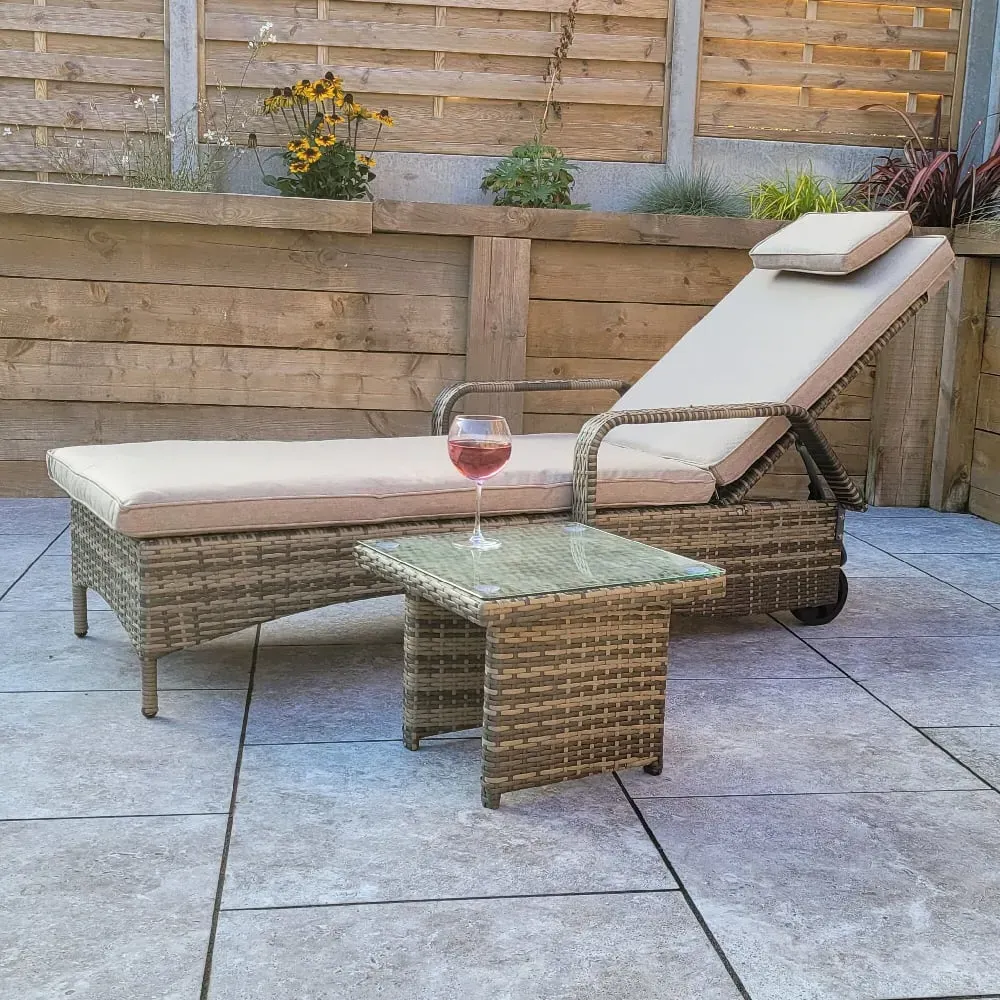 Saxen Garden Sun Lounger with Drinks Table - Brown, Rattan image