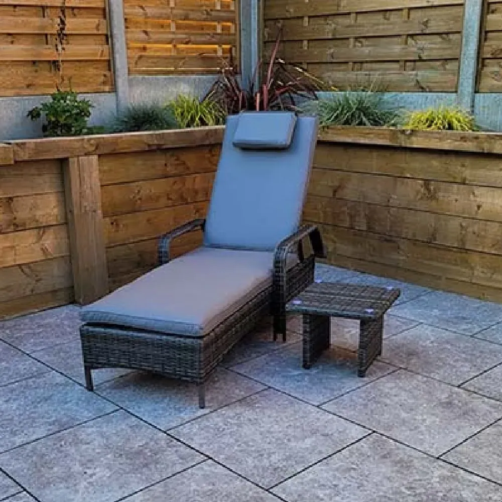 Saxen Garden Sun Lounger with Drinks Table - Grey, Rattan