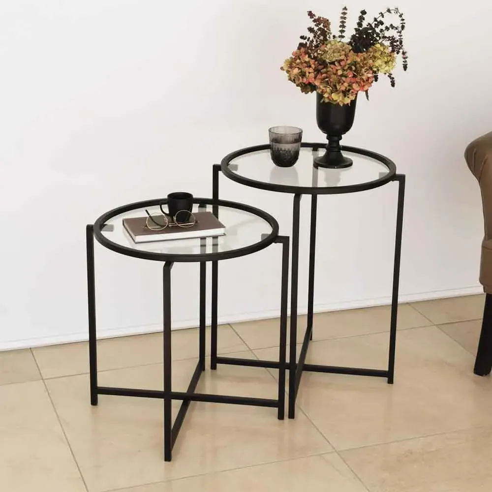 Saziro Nesting Side Tables Set - Black, Tempered Glass product