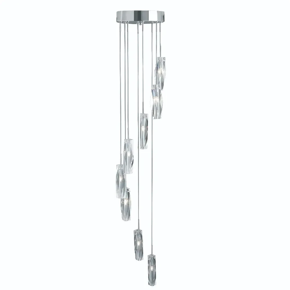 Sculptured Crystal Glass Multi Drop Pendant Light - Chrome