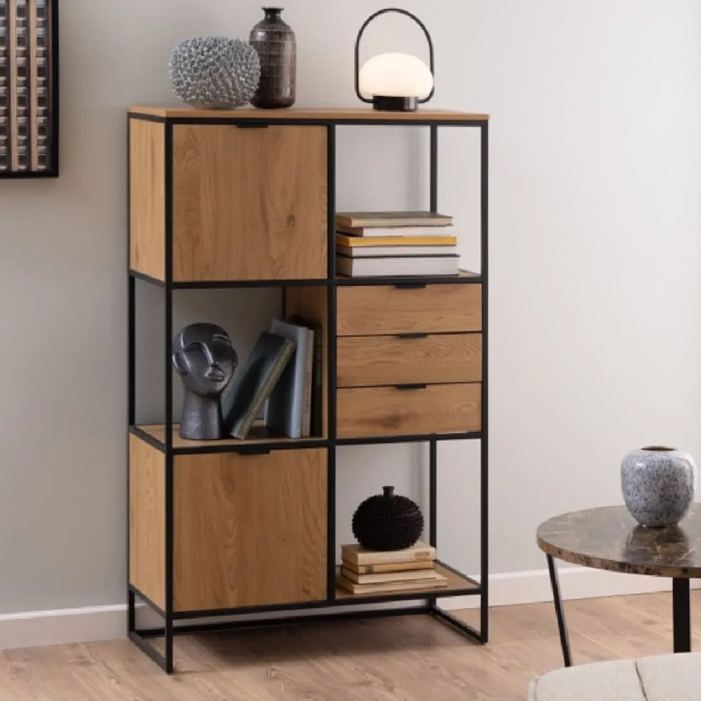 Seguin Wide Bookcase with 2 Doors 3 Drawers - Black, Oak