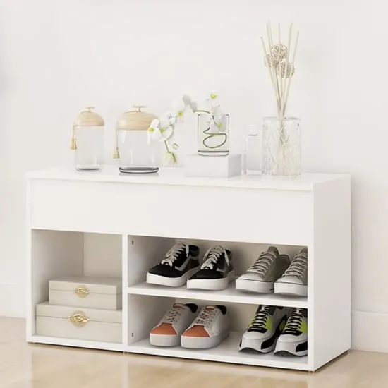 Seim Shoe Storage Bench with 2 Shelves - White, Engineered Wood