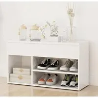Seim Shoe Storage Bench with 2 Shelves - White, High Gloss