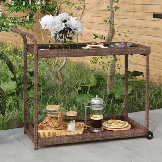 Selah 2-Shelf Drinks Trolley with Wheels - Brown, Poly Rattan