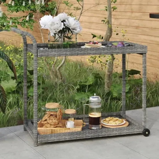 Selah 2-Shelf Drinks Trolley with Wheels - Grey, Poly Rattan