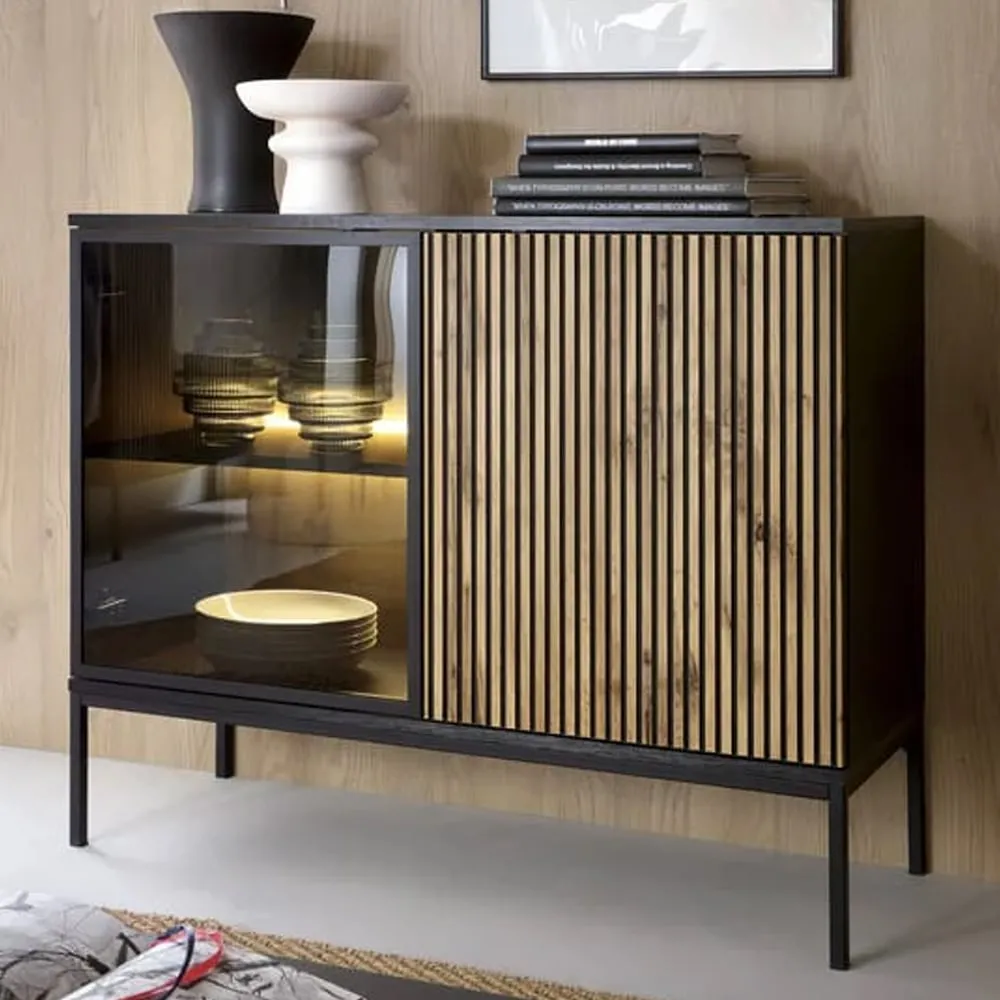 Selma Display Cabinet with 2 Doors - Black, Wotan Oak image