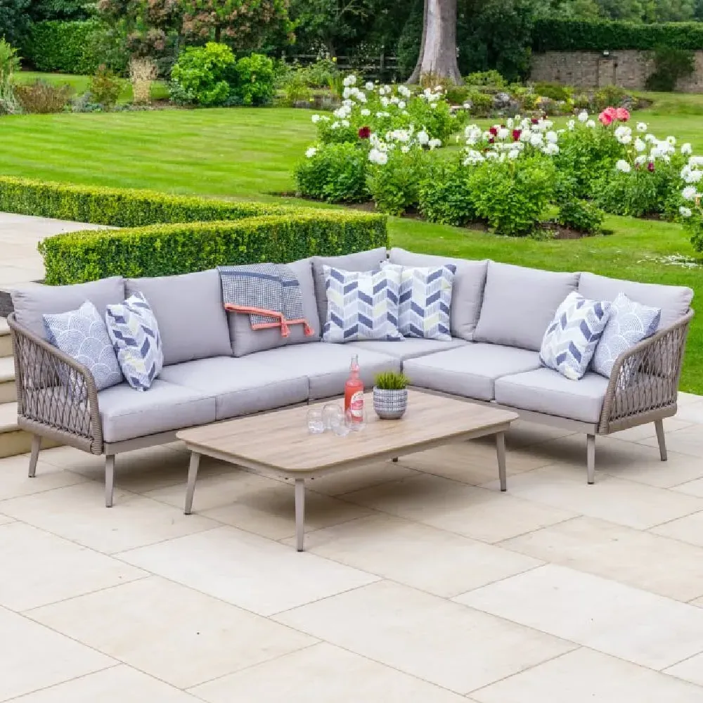 Seras Rattan Garden Corner Lounge Sofa Set - Grey Oak