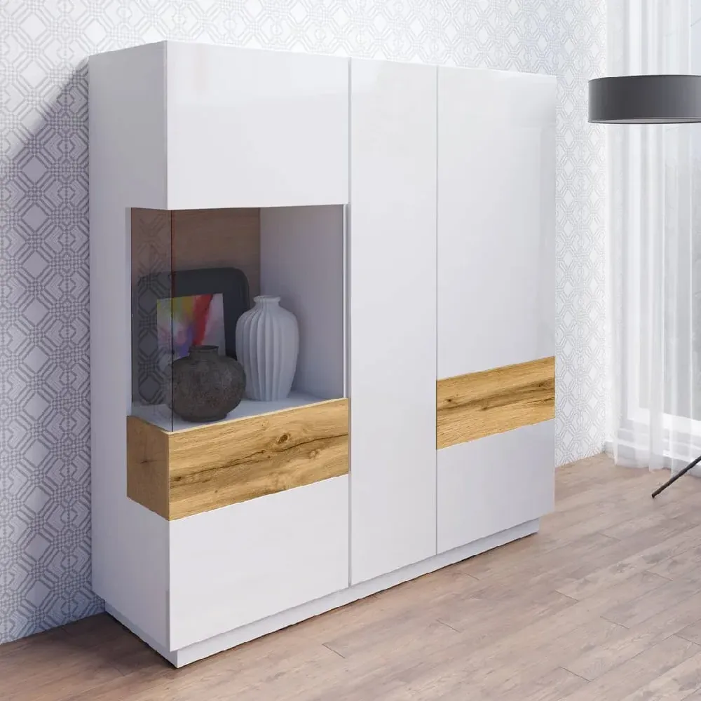 Sevilla Right Hand Display Cabinet - White, Wotan Oak image