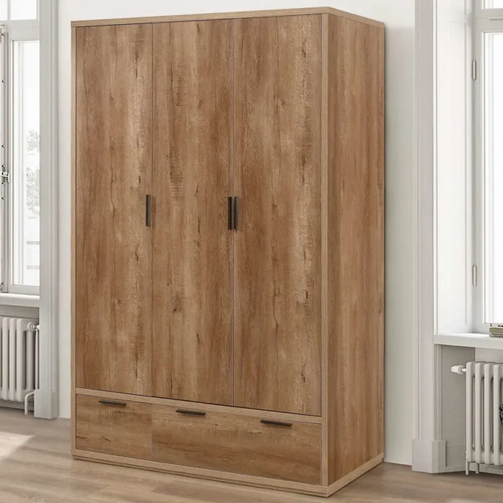 Seward 3-Door Wardrobe with 2 Drawers - Rustic Oak