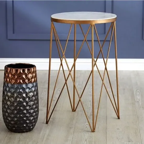 Shalom Round Side Table with Gold Cross Legs - White, Marble image