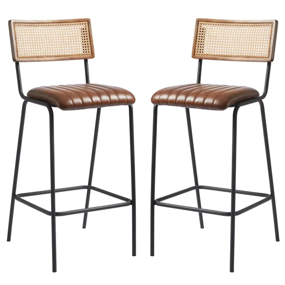 Shelby Bar Stools in Pair - Brown, Genuine Leather