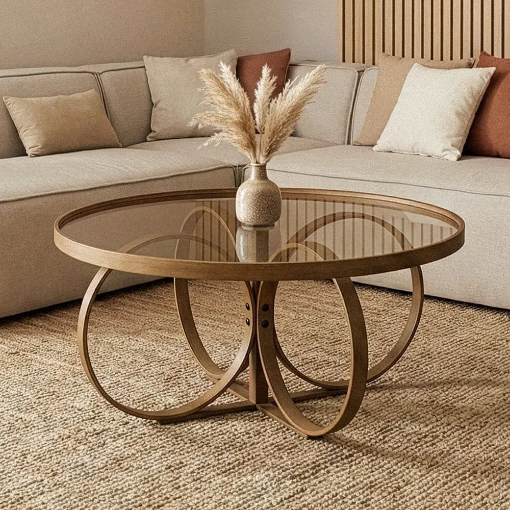 Shimane Round Coffee Table with Glass Top - Walnut, Solid Beech Wood product