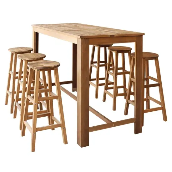 Shyla Bar Table and 6 Bar Stools Set - Natural, Solid Acacia Wood product