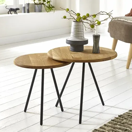 Simons Set of 2 Round Side Tables - Oak, Metal image