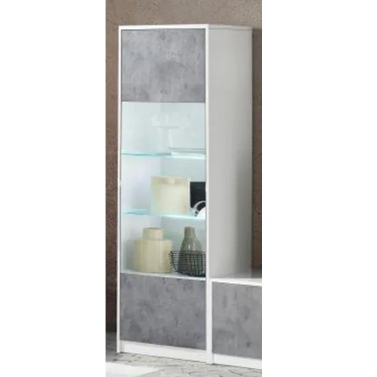 Sion Display Cabinet 1 Door with LED - White, Concrete Effect image